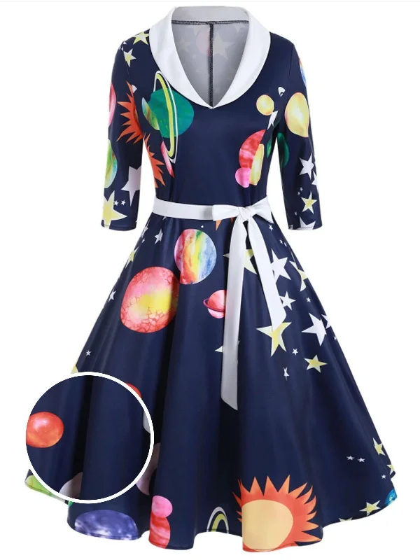 Dark Blue 1950s Moon Star Swing Dress Color block unclassified dresses