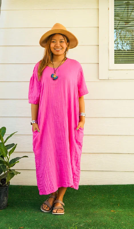 Fuchsia Double Gauze Cotton Dress with Pockets Cocktail unclassified dresses