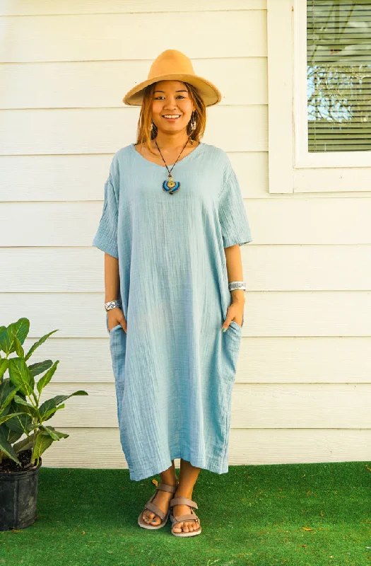 Sky Blue Double Gauze Cotton Dress with Pockets Comfortable unclassified dresses