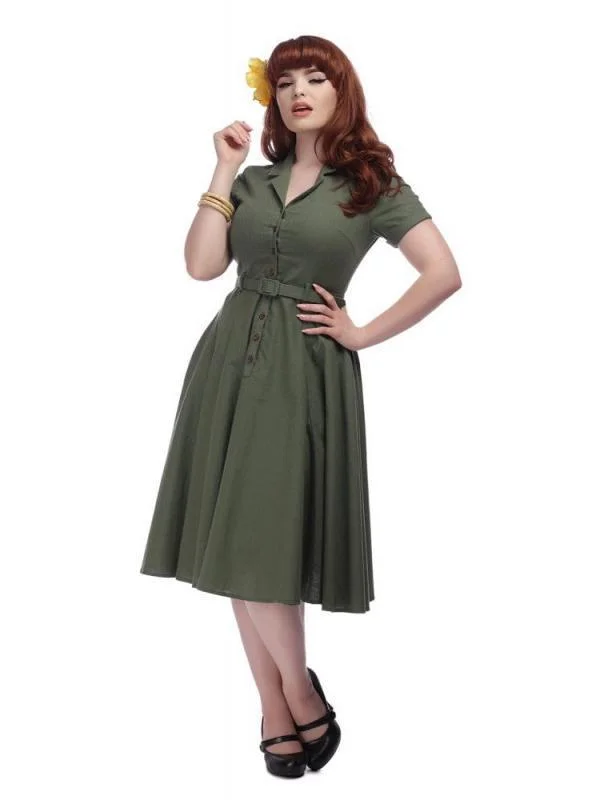 Green 1940s Button Belt Dress Long unclassified dresses