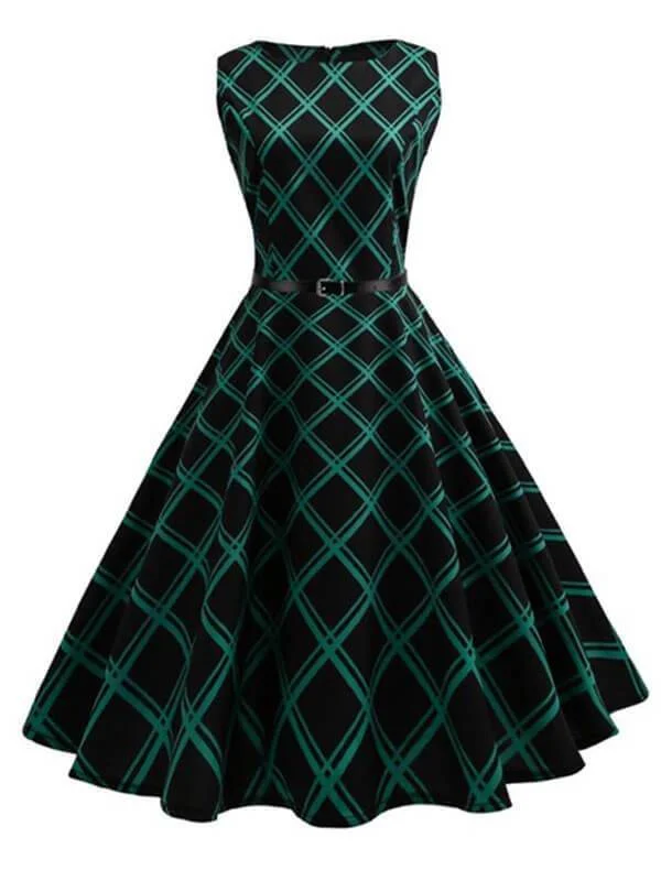 Green 1950s Plaid Belted Swing Dress Luxury unclassified dresses