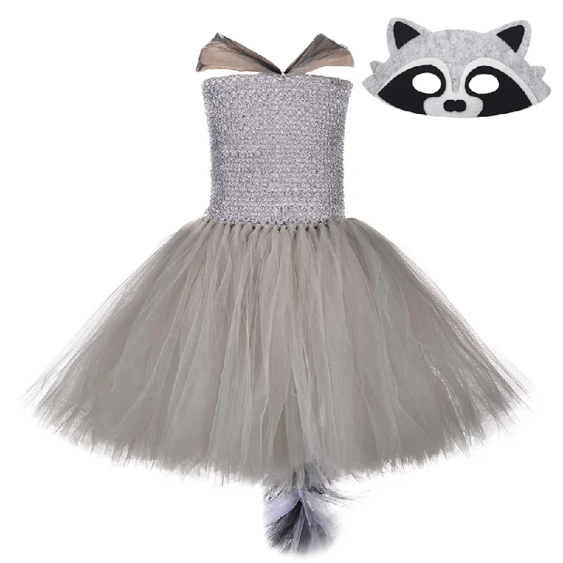 Grey Raccoon Kids Dresses for Girls Animal Tutu Dress with Mask Halloween New Year Costume for Children Clothes Baby Girl Outfit Chiffon unclassified dresses