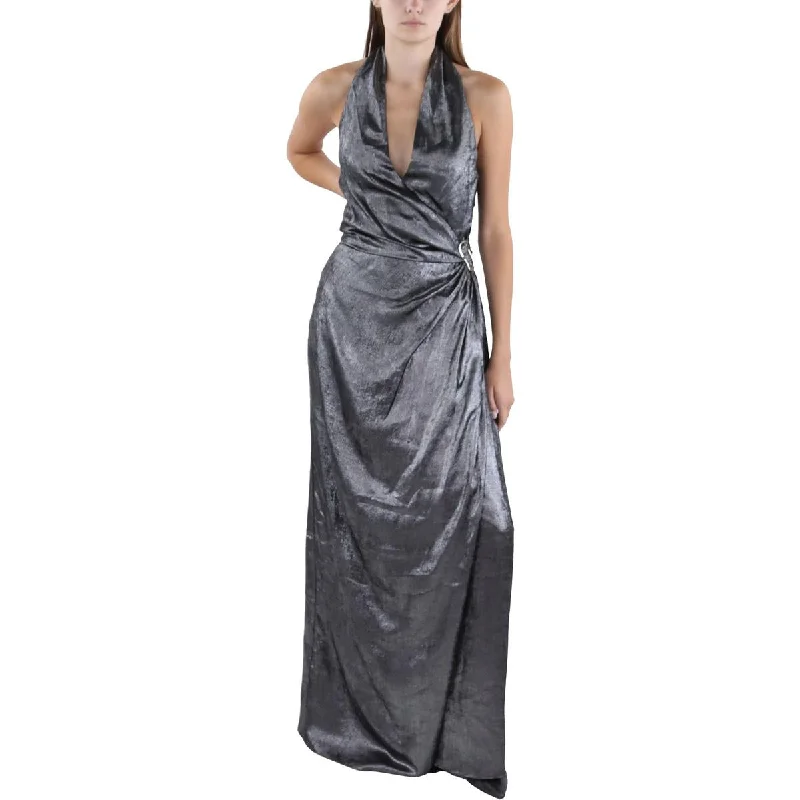 Halston Womens Gwyneth Metallic Halter Evening Dress Formal unclassified dresses