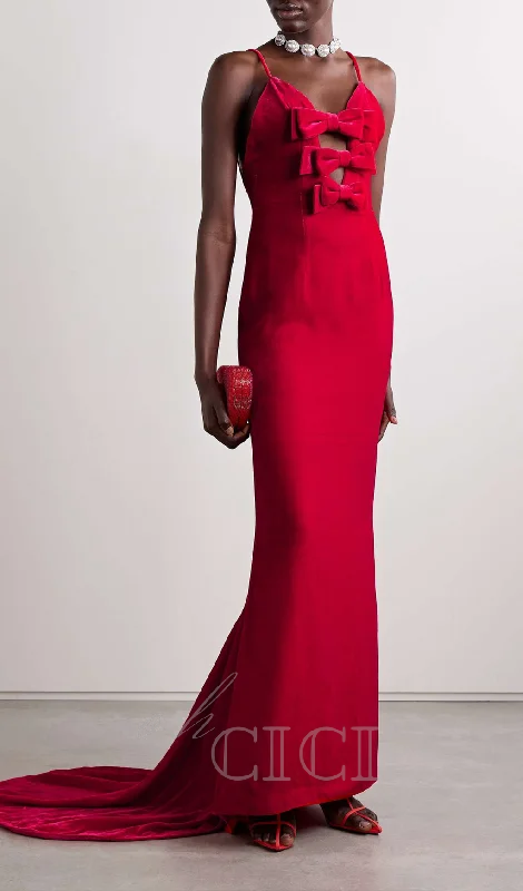 HILDA BOW-EMBELLISHED VELVET GOWN IN RED Earthy tone unclassified dresses