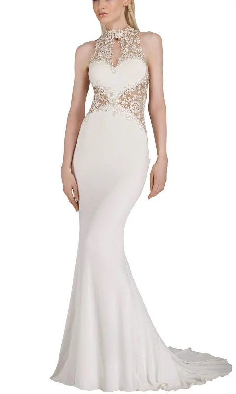 Janique - W974SC Embroidered Halter Mermaid Gown in Ivory One-shoulder unclassified dresses