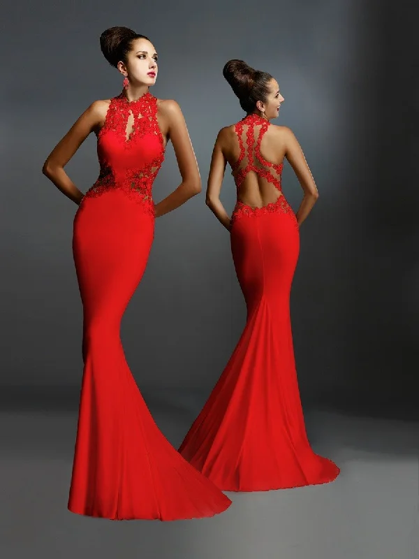 Janique - W974SC Embroidered Halter Mermaid Gown In Red Ruched unclassified dresses