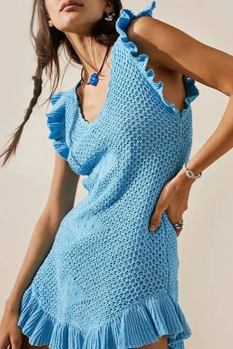 Low cut Ruffle Crochet Knit Beach Cover Up Dress Anniversary unclassified dresses