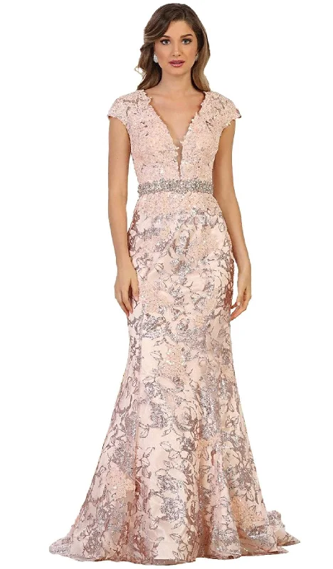 May Queen -RQ7610 Plunging Neck Embellished Evening Gown Sleeveless unclassified dresses