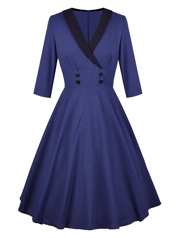 Navy Blue 1950s 3/4 Sleeve Swing Dress Street style unclassified dresses