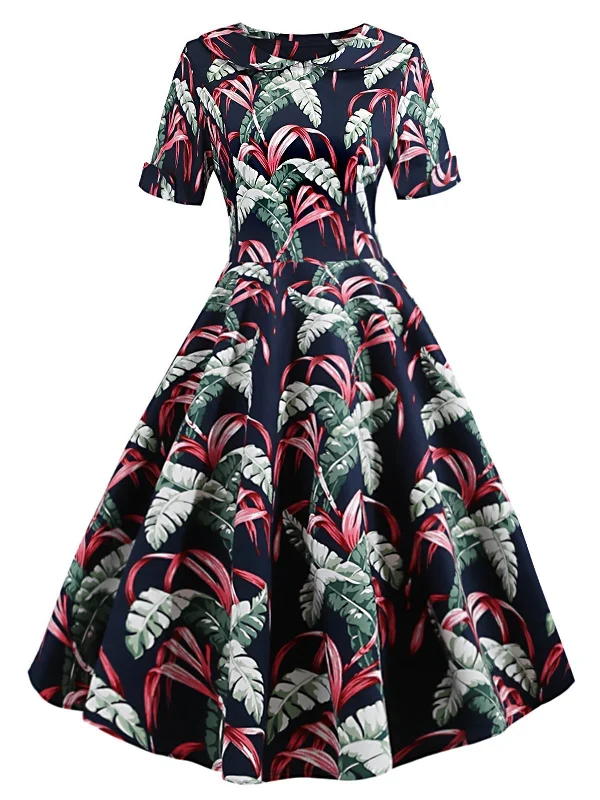 Navy Blue 1950s Tropical Plants Swing Dress Budget-friendly unclassified dresses