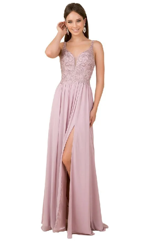 Nox Anabel - Y299SC V-Neck A-Line Evening Dress with Slit Holiday unclassified dresses