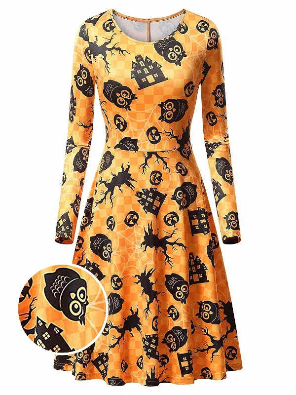 Orange 1950s Halloween Owl Flared Dress Mesh unclassified dresses