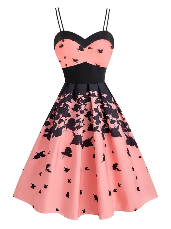 Pink 1950s Strap Butterfly Swing Dress Tiered unclassified dresses