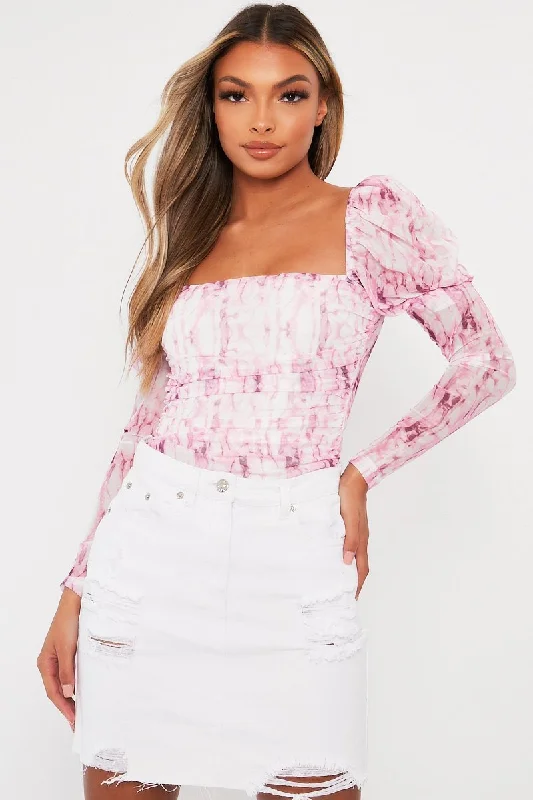 Pink Marble Puff Sleeve Bodysuit - Deana Beaded unclassified dresses