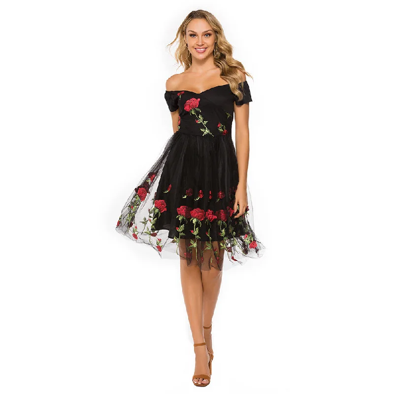 Black 1950s Peony Embroidery Dress Cocktail unclassified dresses