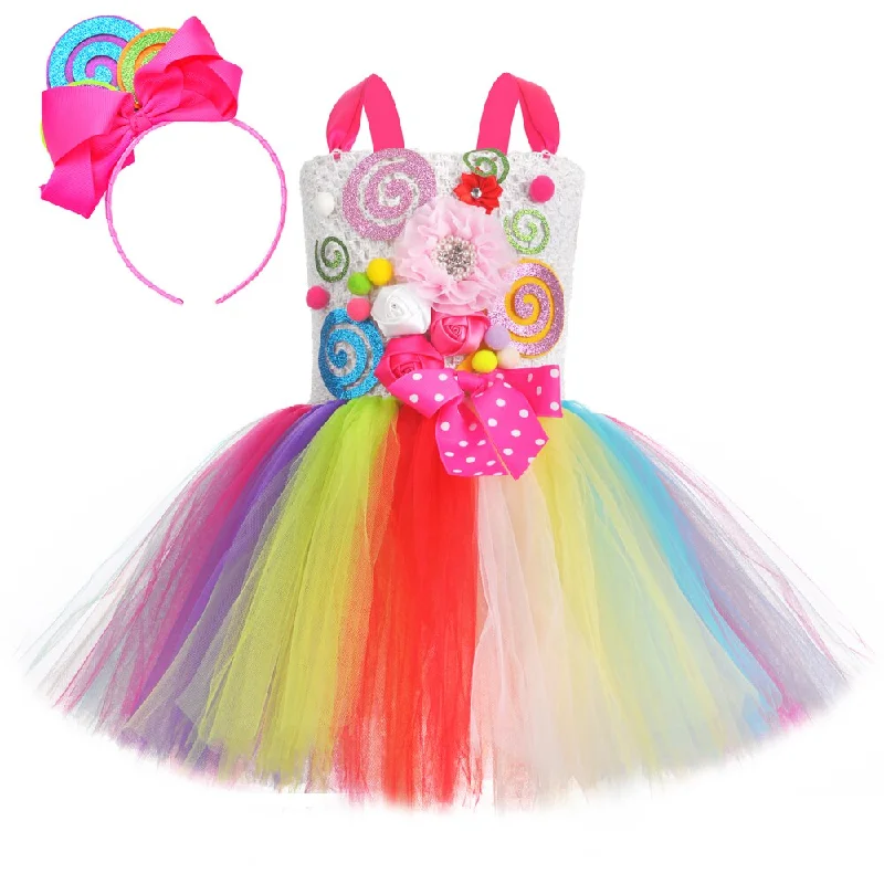 Rainbow Princess Girls Candy Dress for Birthday Halloween Costume for Kids Girl Sweet Lollipop Flower Girl Dresses with Headband High-low unclassified dresses