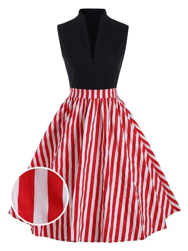 Red 1950s Patchwork Stripe Swing Dress Lounge unclassified dresses