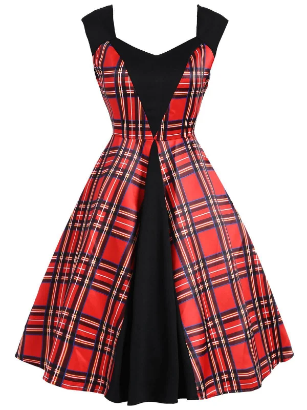 Red 1950s Plaid Patchwork Dress Cocktail unclassified dresses