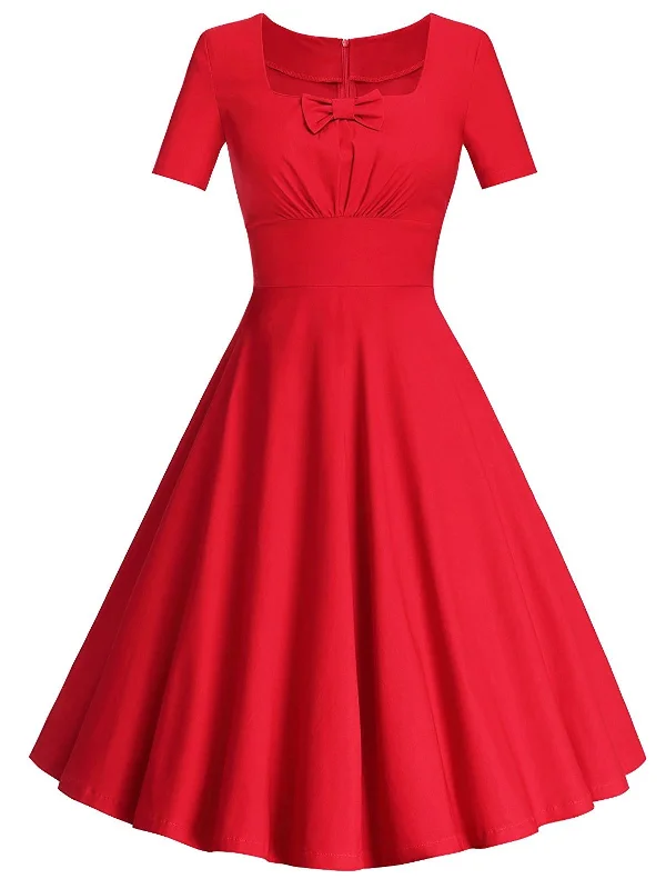 Red 1950s Solid Bow Decor Swing Dress Best-selling unclassified dresses