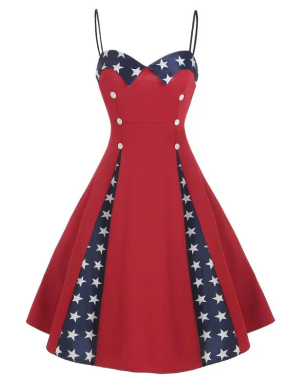 Red 1950s Star Patchwork Strap Dress Casual unclassified dresses