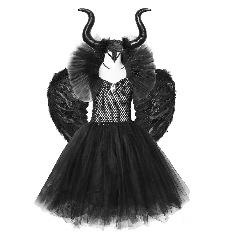 Solid Black Halloween Costumes Kids Girls Tutu Dress Ankle Length Dresses Devil Costume Cosplay Outfits Horns Wings Vacation unclassified dresses