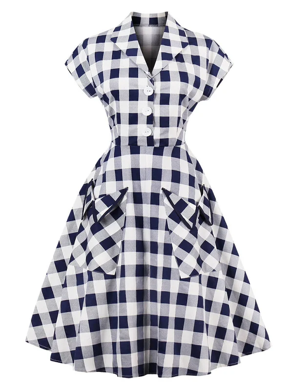 Special Blue White 1950s Pockets Plaid Dress Engagement unclassified dresses