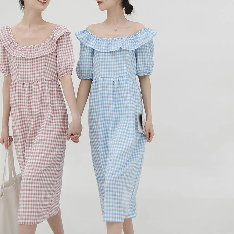 spring new Korean version of the Japanese cute plaid one shoulder dress Color block unclassified dresses