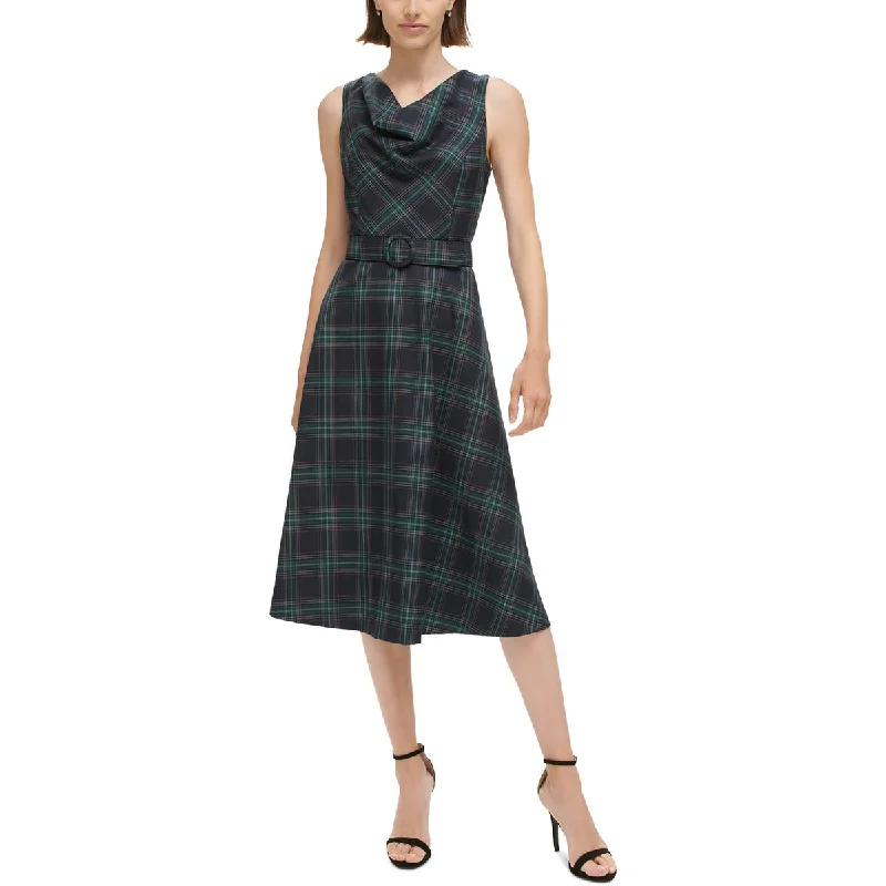 Vince Camuto Womens Plaid Mid Calf Shift Dress Ruched unclassified dresses