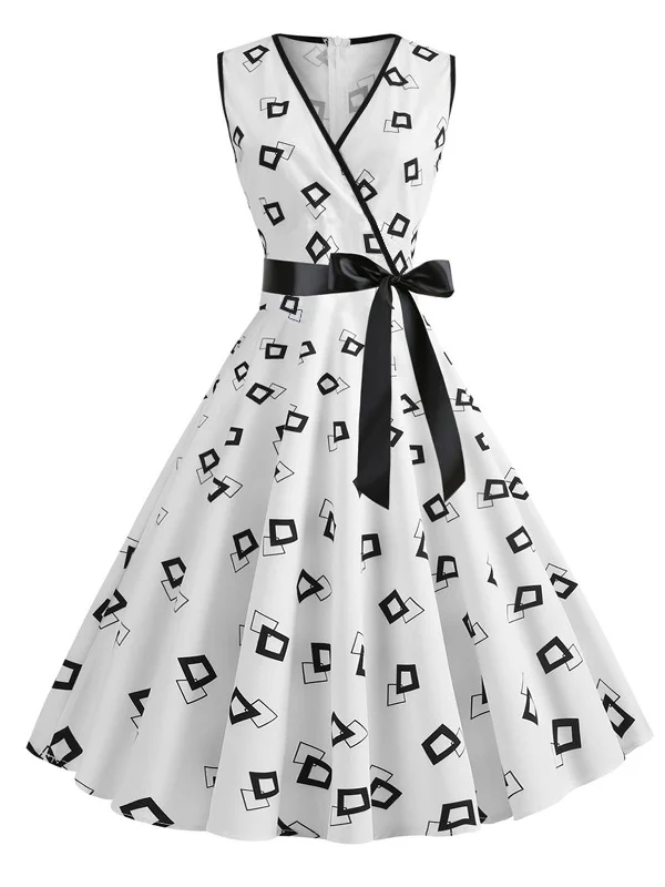 White 1950s Bow Swing Dress Club unclassified dresses