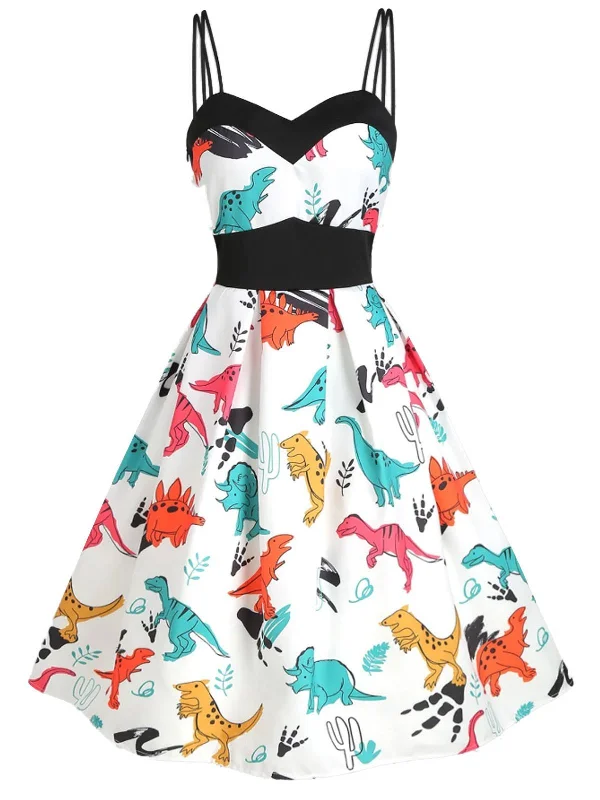 White 1950s Dinosaurs Strap Dress Gothic unclassified dresses