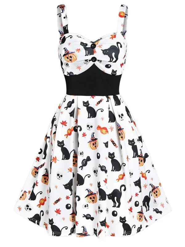 White 1950s Halloween Cat Swing Dress High-end unclassified dresses