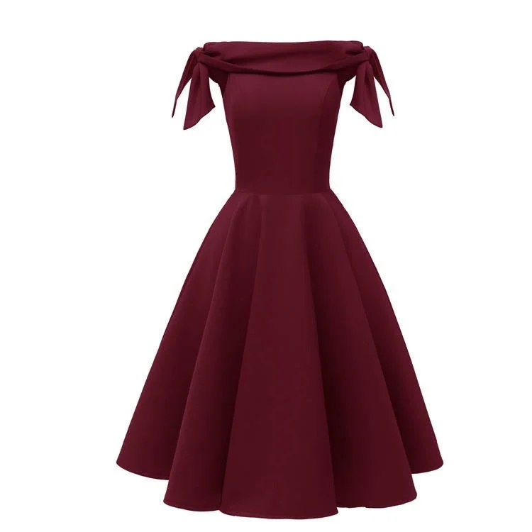 Wine Red 1950s Off Shoulder Bow Dress Ruched unclassified dresses