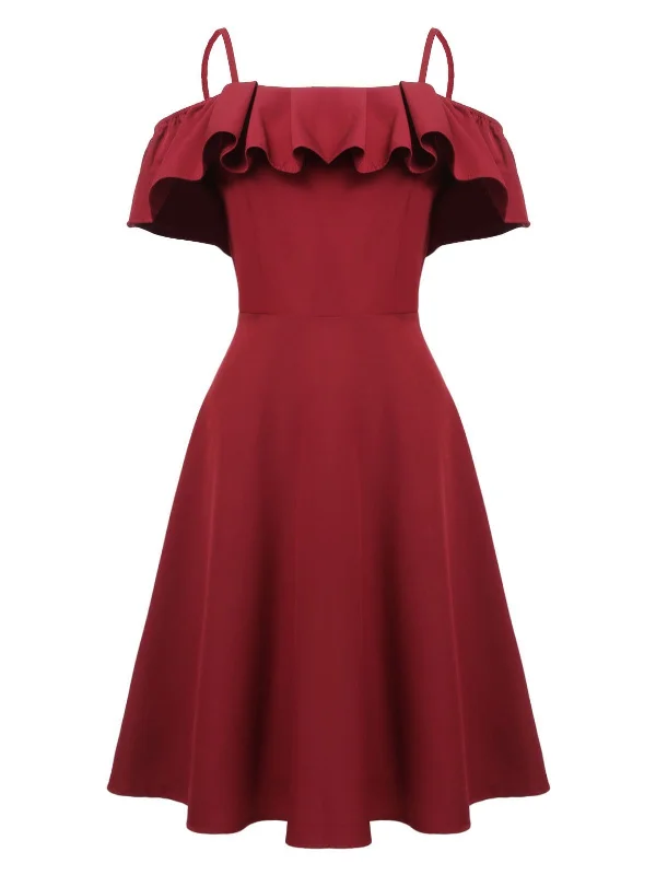 Wine Red 1950s Ruffle Cold Shoulder Dress Sexy unclassified dresses