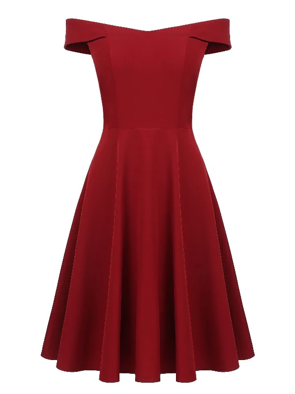 Wine Red 1950s Solid Off Shoulder Dress Off-shoulder unclassified dresses