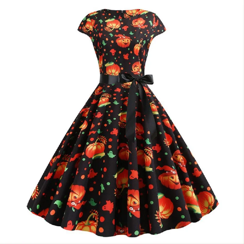 Women Cap Sleeves Pumpkin Ghost Belted Halloween Dress Unique unclassified dresses