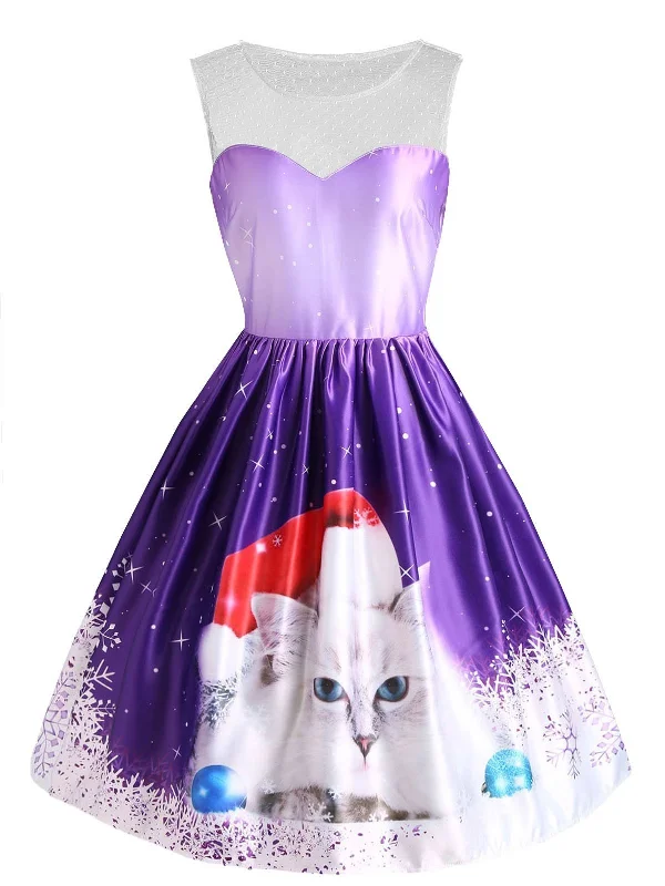 Purple 1950s Christmas Cat Snow Dress Y2K unclassified dresses