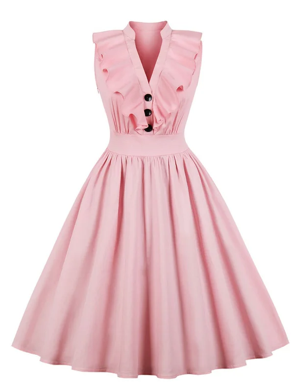 Pink 1950s Ruffle Trim Circle Dress A-line unclassified dresses