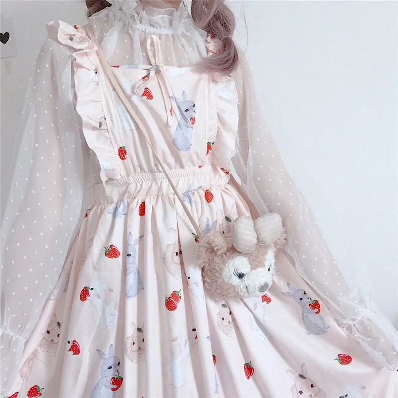 Women's Dresses Chic Lady Kawaii Ulzzang Strawberry Rabbit Cute Strap Dress Female Ins Vintage Harajuku Dress For Women Casual Neutral tone unclassified dresses