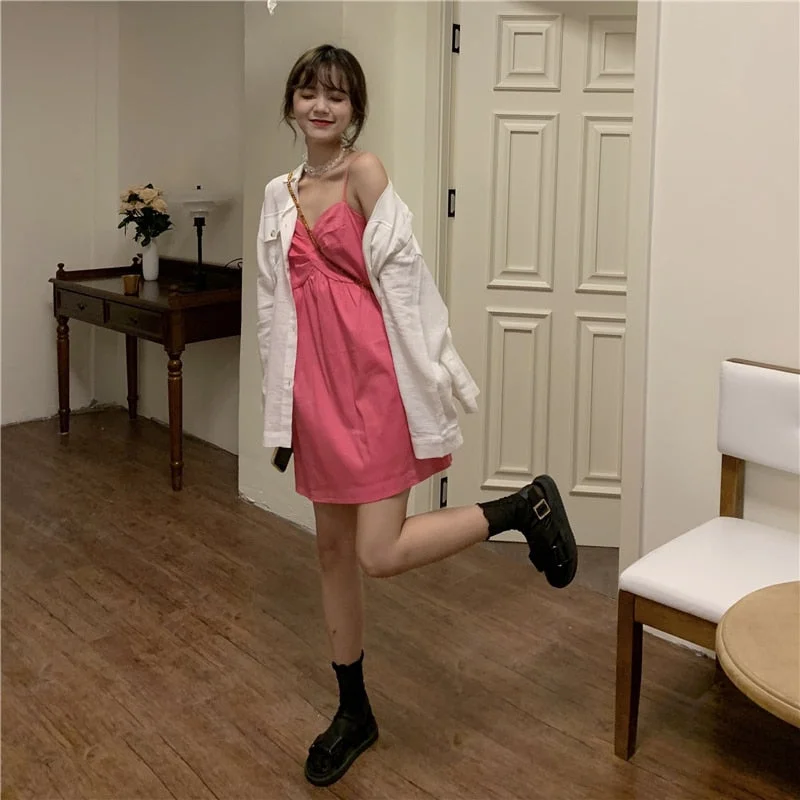 Women's Dresses Japanese Harajuku Vintage Ladies Ulzzang Lazy Folds Ins Loose Dress Female Korean Kawaii Cute Clothing For Women Halter unclassified dresses