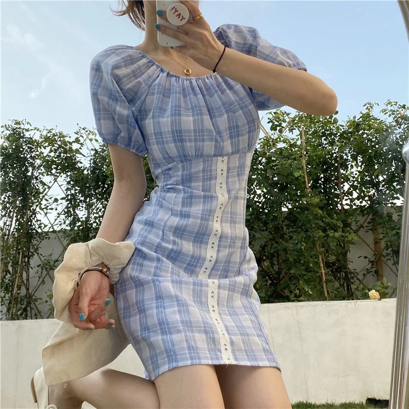 Women's Dresses Japanese Harajuku Vintage Ladies Ulzzang Retro Plaid Puff Sleeve Dress Female Korean Kawaii Clothing For Women Flowy unclassified dresses