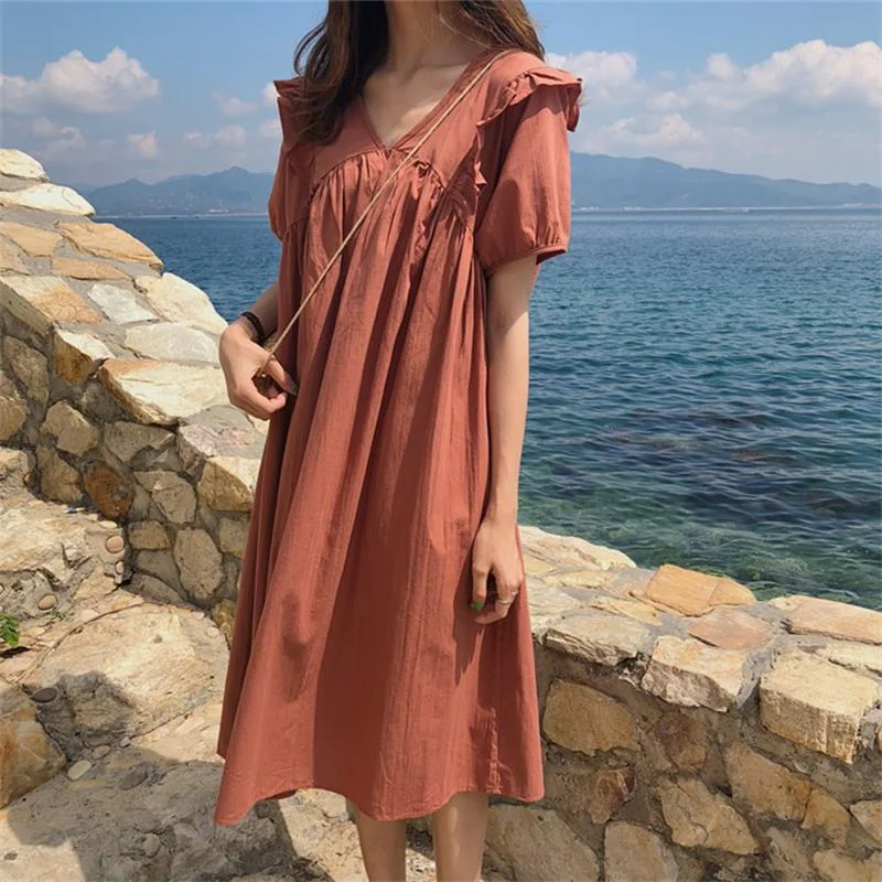 Women's Kawaii Lovely Dresses Ins Chic Loose Wooden Eared V-neck High Waist Dress Female Sweet Harajuku Punk Clothes For Women Boho unclassified dresses