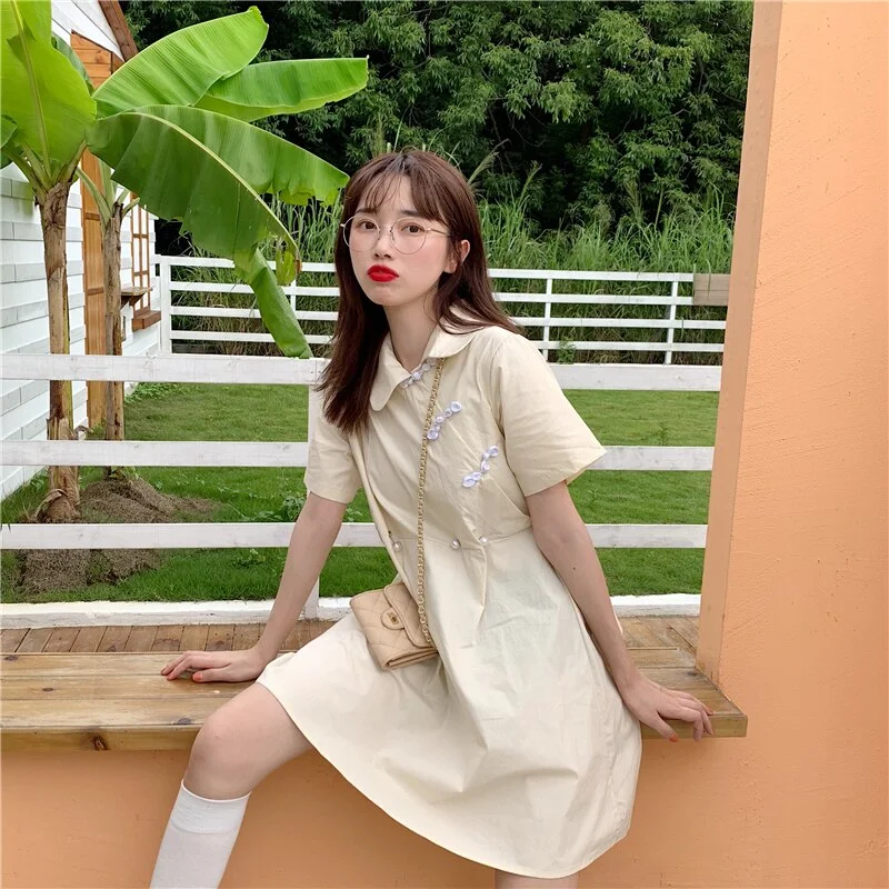 Women's Kawaii Lovely Dresses Ins Chic Vintage Chinese Style Pearl Buckle Dress Female Sweet Harajuku Punk Clothes For Women Comfortable unclassified dresses