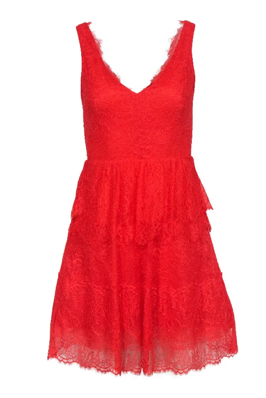 BCBG Max Azria - Red Lace Sleeveless Fit & Flare Dress Sz XS Lace Dress Modern