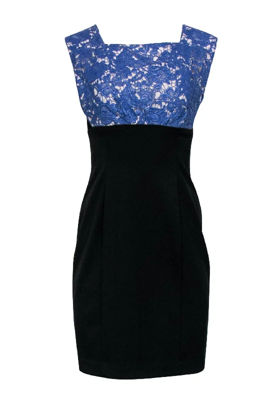 Black Halo - Black & Blue Lace Sheath Dress Sz 6 Vintage Lace Gown