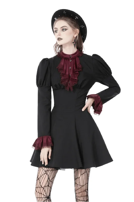 Elegant Black Dress with Burgundy Lace And Lace-Up Detail Lace Dress Glamour