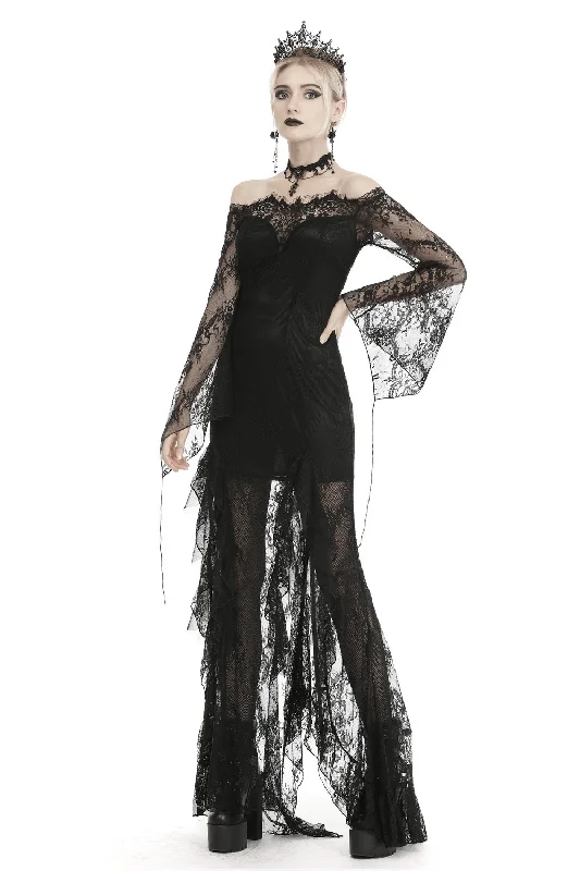 Elegant Black Lace Evening Gown with Gothic Flair Lace Midi Dress