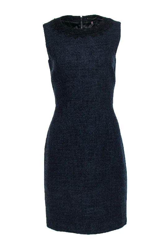 Elie Tahari - Navy & Black Marbled Tweed Sheath Dress w/ Lace Trim Sz 8 Pink Lace Dress