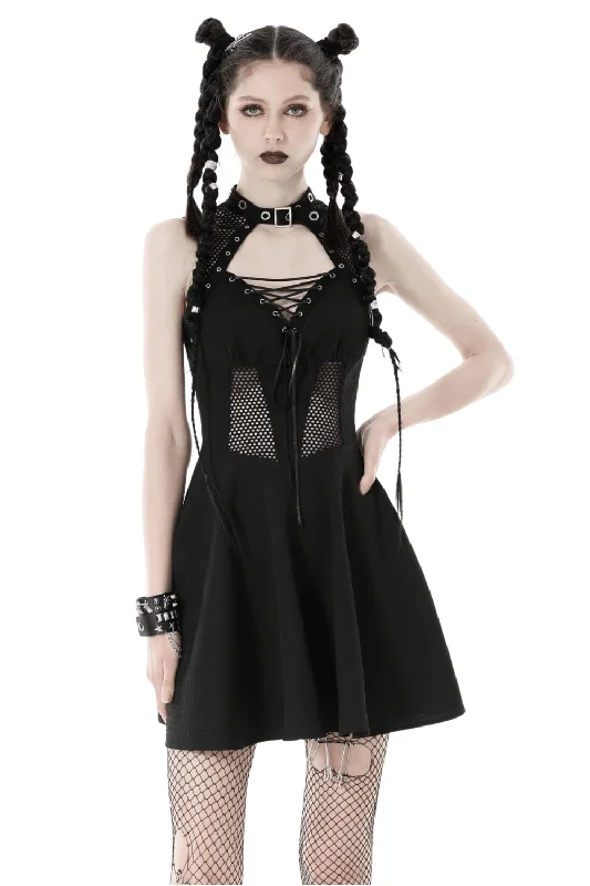 Gothic Black Dress with Fishnet Detail and Lace-Up Front Vintage Lace Dress