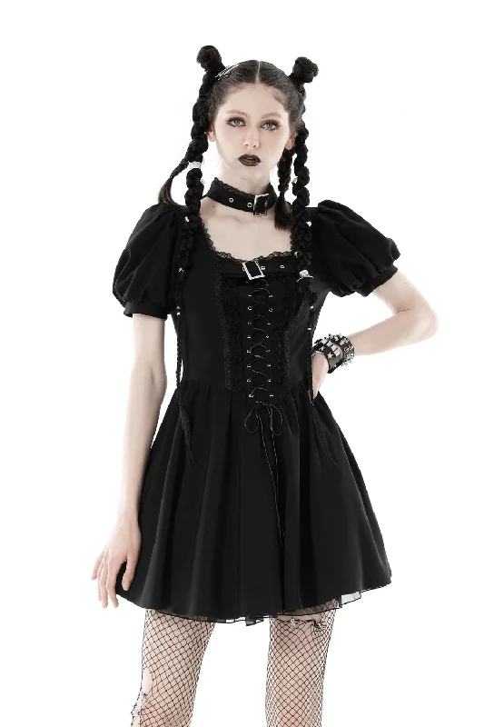 Gothic Black Lace-Up Dress with Puff Sleeves And Choker Lace Maxi Dress