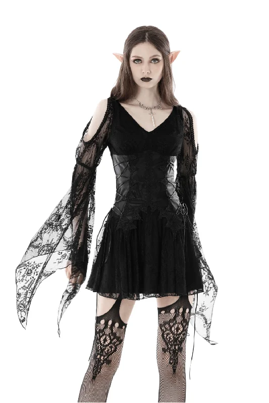 Gothic Lace Dress with Bell Sleeves and Fishnet Detail Lace Bridesmaid Dress